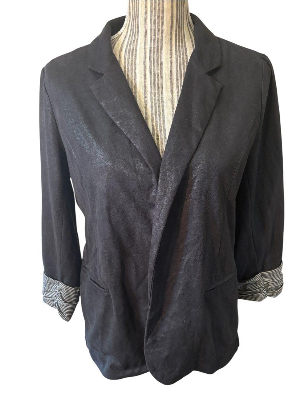 Skies Are Blue Blazer Medium Black Sheen Open-Front Jacket Striped Lined Cuffs